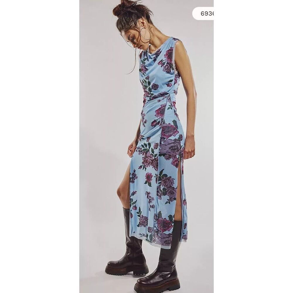 Free People Carmel Midi Blue Dress Size Large New - Picture 2 of 9